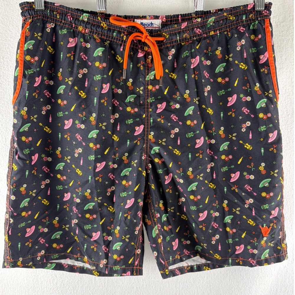 Beach Bros Mens XL Swim Trunks Black Fiesta Sombrero Guitar Print Board Shorts